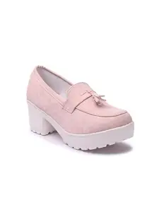FASHIMO Casual Block Heel Tassel Detailed Loafers for Women & Girls DNNPPN6-Pink-40
