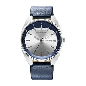 Fastrack Snob X Quartz Analog with Day & Date Silver Dial Blue Leather Strap Watch for Guys - 3292SL01