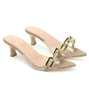 AUSTINE Women Stylish High Heels Sandals | Comfortable Block Heel Slip-On | Fashion Footwear for Women & Girls Beige