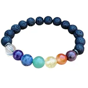 Lady Works Natural 7 Chakra Stone & Black Lava 8mm Round Shape Smooth Cut Beads 7 Inch Stretchable Bracelet For Men & Women. Unisex Bracelet For Healing, Meditation, Prosperity & Luck|LW_BRST_00029_7.0
