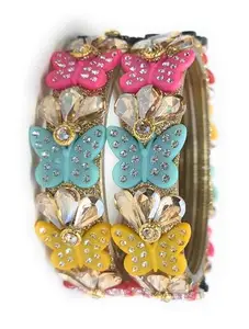 Ranika Handcrafted Butterfly Bangle Set for Women – Rhinestone & Colorful Beaded Bangles – Ethnic Indian Jewelry for Weddings & Parties 2.4 To 2.8 Inch size.