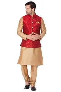 VASTRAMAY Men Cotton Silk Kurta Modi Jacket and Pyjama Set (Rose Gold_VASMJ009MAnKRG001nPRG_44)