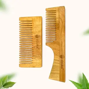 Zizuka 100% Natural Oil Treated Original Wooden Neem Comb Best for Scalp Care -Prevents Hair Fall - Dandruff Control -Pack of 2 (Combo 2)