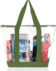 N S Enterprises Bags for Less Clear Stadium *Travel and gym zipper tote bag sturdy PVC structure, colour decoration, full zipper top triangle piece-transparent front pocket
