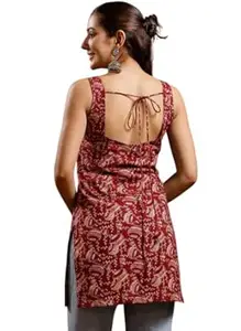SAICHA Women Cotton Sleeveless Square Neck Paisley Print Kurti, Maroon, Hip Length, Casual and Office Wear