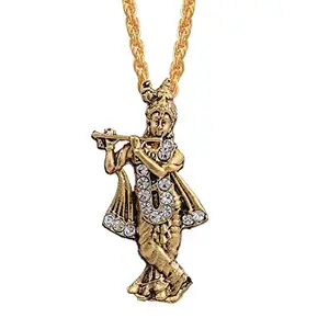 DULCI Gold Plated Antique Look CZ Lord Krishna Hindu God Locket Necklace Chain Pendant Jewellery For Unisex