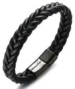 Moneekar Jewels Leather Stainless Steel Bracelet for Boys and Mens (Black 8 inches Black Clasp)