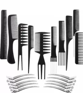 FEELHIGH Hair Styling Comb Set with 10 Pack Duck Bill Clips & Silver Metal Clip (Black) (20 Items in the set)