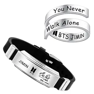 University Trendz Combo Pack of BTS Signature Jimin Bracelet with Adjustable Ring (Silver)