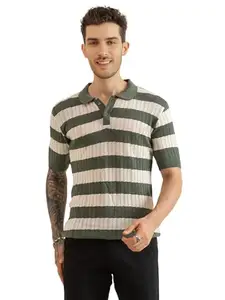 CHKOKKO Men's Knitted Textured Pure Cotton Polo Neck T Shirt for Men | Stylish Soft Summer Wear Half Sleeves Color Block Pattern | Casual Regular Fit Ribbed Cuff & Hem WHTGREEN M