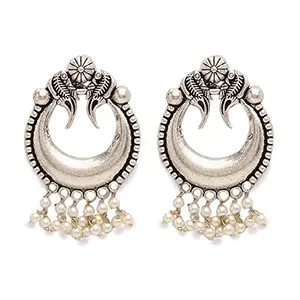 Digital Dress Room German Silver Oxidized Earrings Bird Engraved Chandbali Designs with Pearls Earrings