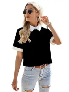 KOTTY Wome's Spread Collar Neck Regular Fit Solid Top Black