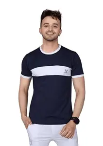 Generic Khodal Fashion Men's Regular Fit Half Sleeve Striped Lycra Shirt (Navy Blue_L)_13