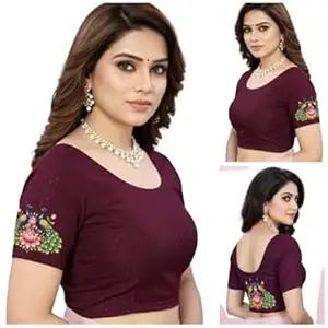 PAARTH ENTERPRISE PAARTH ENTREPRISE Women Cotton Blend Round Neck Short Sleeve Readymade Saree Blouse