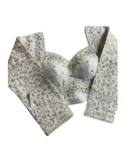 Women's Pure Vichitra Silk Embroidered V Neck Blouse Long Sleeve Readymade Saree Blouse Indian Ethnic Designer Stitched Blouse