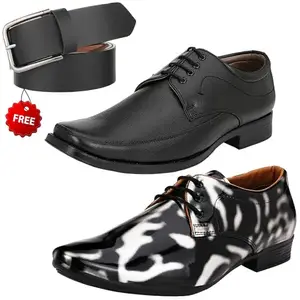 Unique Trendy Formal Shoes/Party Shoes/ 2 Shoes Combo with Free Belt for Men and Boys (BAZAAR7840_VTR01-Blk-Slvr002-Bdr-Blk-1-Blk) Multicolor