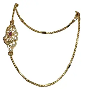 Gold-Plated Chain Necklace with Ruby, Emerald and Crystal Pendant, Decorative Filigree Design
