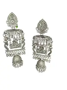Traditional Oxidised Silver Jhumka Earrings, Antique Finish Temple Design with Hanging Bells