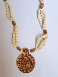 Traditional Tulsi Mala Necklace with Wooden Pendant, White Beaded Design