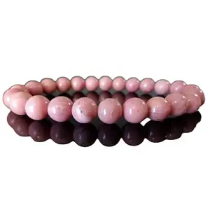 RRJEWELZ Natural Pink Rhodonite 8mm Round Shape smooth Cut Beads 7 Inch Stretchable Bracelet for Men & Women.|STBR_RR_07791_7.0