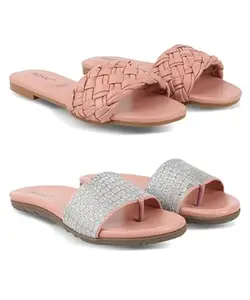 MOSAC Trendy Combo Pack of 2 Stylish Slip-on Flat Slipers For Women's And Girls-5UK