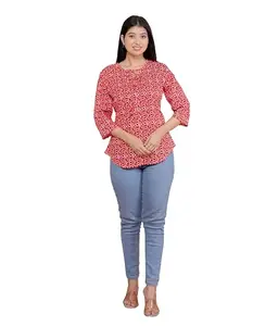 S B Enterprises Electronics Printed Straight Round Neck with Tassels 3/4th Sleeves Kurti Perfect for Casual, Formal, and Ethnic Wear (Red-XL)