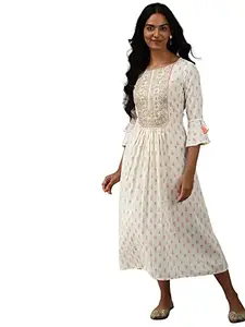 INDO ERA Cotton Geometric Anarkali Dress (Off White_ED0OW2507_XX-Large)