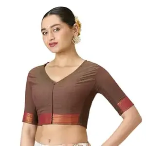 Studio Shringaar Women's Handloom Cotton Stretchable (Smocked) Saree Blouse with Temple Zari Border