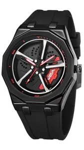 V2A New Spinning Car Wheel Men’s Alloy Case Silicon Band Watch – Octagonal Sport Design with Rotating Wheel Dial, Silicone Strap, Racing-Inspired Analog Timepiece (Black-Red)