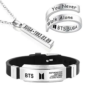 University Trendz Combo Pack of BTS Bracelet with Suga Silver Ring and Pendant (Set of 3)
