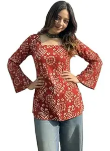 ANNI Designer Women’s Viscose Printed Short Kurti | Straight Fit Ethnic Top with Square Neck | Bell Sleeve Casual Indian Kurta for Office College, Party