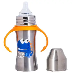 Adore Advance Magnus Printed Stainless Steel Feeding Bottle with Food Grade Anti Colic Silicone Teat & Detachable Twin Handle -250 ml (Dinosour)