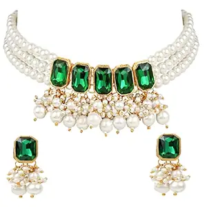 I Jewels 18K Gold Plated Traditional Green Stone Studded Multi Layered White Pearl Choker Necklace Jewellery Set with Earrings for Women And Girls (IJ355G)