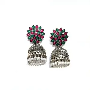 Silver Oxidized Traditional Jhumkas Set - Women's Ethnic Drop Earrings with multi-colored stone Studs and white moti hangings. Perfect for Girls and Women.