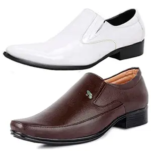 Vitoria Fashionable Synthetic Leather Formal Shoes Combo for Men's and Boys(White-Brown)(Slipon-Slipon)/Office Shoes/Suit Shoes/Dress Shoes/Party Shoes