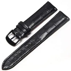 EWatchAccessories 18mm Black Genuine Leather Plain Watch Band Strap with Black Buckle Clasp