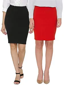 Women High Waist Straight Knee Length Pencil Skirt_Black,Red_XS_Pack of 2