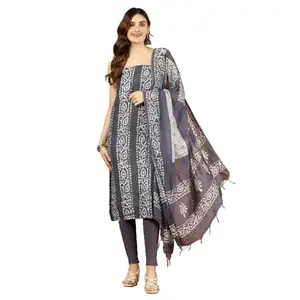 Meena Bazaar Women's Grey Blue Cotton Printed Unstitched Suit Set With Dupatta