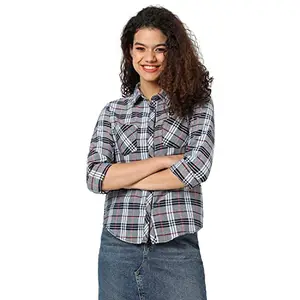 Campus Sutra Women's Grey Tartan Plaid Button Up Regular Fit Shirt for Casual Wear | Spread Collar | Long Sleeves | Cotton Shirt Crafted with Regular Sleeve & Comfort Fit for Everyday Wear