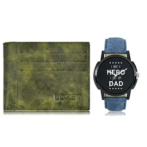 LOREM Combo of Blue Wrist Watch & Green Color Artificial Leather Wallet (Fz-Wl17-Lr07)