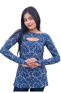 VAAKI Women Cream Safari Print Kurti Top Cotton | Full Sleeve Cut-Out Neck Long Tunic for Casual Wear