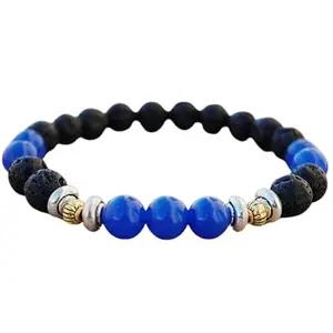 RRJEWELZ Unisex Bracelet 8mm Natural Gemstone Black Lava & Blue Jade Round shape Smooth cut beads 7 inch stretchable bracelet for men & women. | STBR_01275
