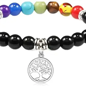 KARISHMA KREATIONS Life Tree Pendant 7 Chakra Bracelet for Men Women 8mm Black Smooth Beads Prayer Stone Bracelet Adjustable Stretch Beaded Bracelets Lucky Stone Jewelry