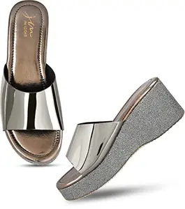 JM LOOKS Shimmer Wedges Heels Sandals For Womens & Girls MF-10-Grey-39-X