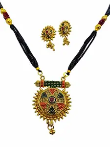 Digital Dress Room Long Mangalsutra Designs Set With Earrings Gold Plated Necklace Heavy Pendant 4 Line Black Beads Chain Multicolor Chain Gold Mangalsutra Latest Designs For Women (40 Inches)