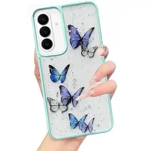 VONZEE for Samsung Galaxy S26 Clear Glitter Butterfly Case, Cute Bling Sparkle Shiny Soft Silicone TPU Bumper Shockproof Women Girls Slim Protective Phone Cover, Mint