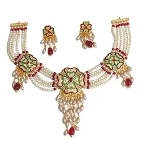 Traditional Indian Pearl Choker Necklace Set with Red and Green Kundan, Gold-polish Jewellery