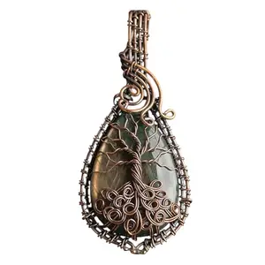 Handcrafted Wire Wrapped Labradorite Pendant, Copper Tree of Life Design, Teardrop Shape