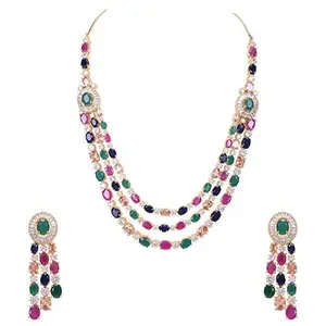 RATNAVALI JEWELS American Diamond Fashion Jewellery Red Green Blue White Multi Layer Necklace Set with Earring for Women/Girls RV3006M