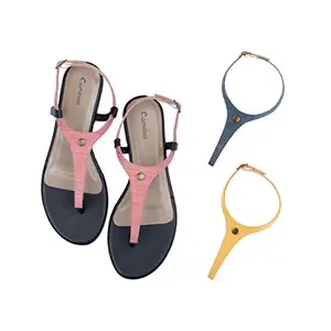 Cameleo -changes with You! Cameleo -changes with You! Women's Plural T-Strap Slingback Flat Sandals | 3-in-1 Interchangeable Strap Set | Dark-Pink-Dark-Blue-Yellow